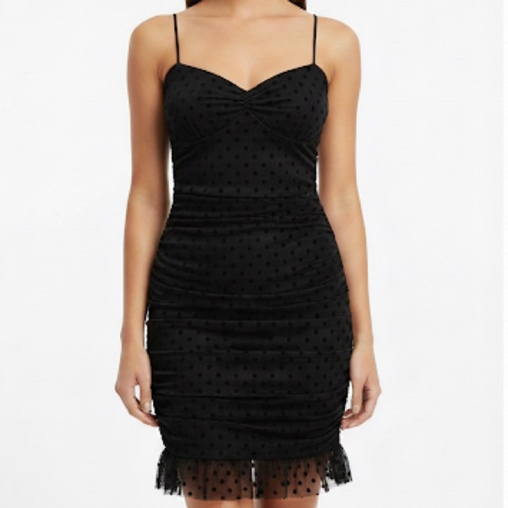 No Comment NWT Chic Black Polka Dot Mini Dress Ruched Spaghetti Strap Mesh LBD
